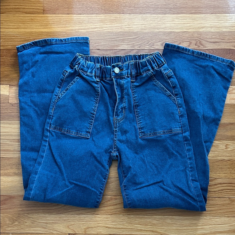 SHEIN High-Waist Dark Blue Denim Pants with Front Patch Pockets